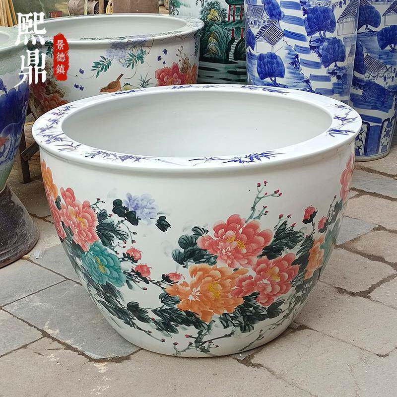 陶瓷鱼缸手绘荷花牡丹大号栽花缸园林移栽花盆家居装饰陶瓷缸摆件