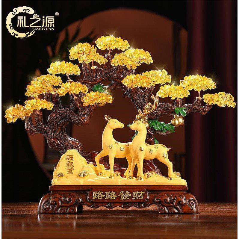 礼之源黄水晶迎客松鹿摆件工艺品高档次开业乔迁客厅酒柜装饰礼品