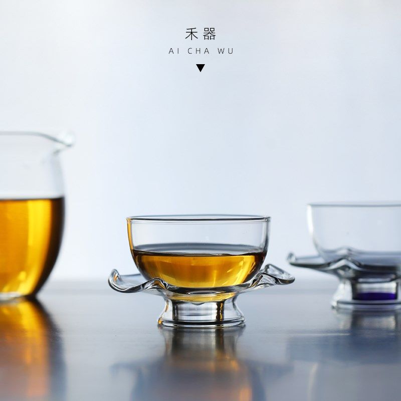 禾器耐热玻璃晶彩荷叶空心托对杯组品茗主个人饮客杯功夫茶具2只