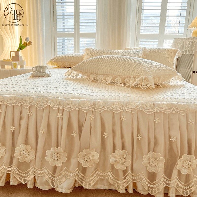 夏天床裙款三件公主风凉感丝乳胶席床罩带裙摆少女仙女蕾丝裙边