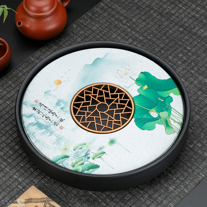 陶瓷圆形干泡茶盘镂空沥水盘家用茶具茶托盘桌面茶海台大小号茶桌