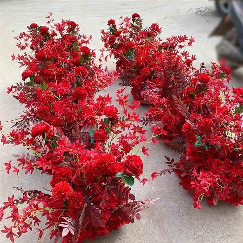 新款婚庆路引花排婚礼舞台装饰道具假花仿真背景中式红色地排花艺