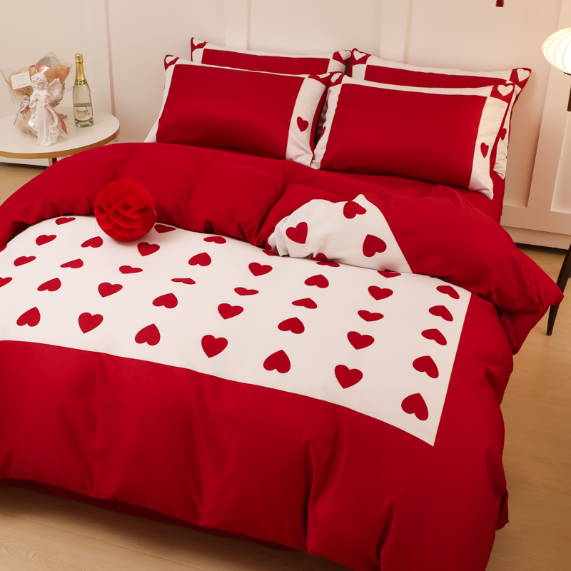 婚庆四件大红全棉喜庆被床单新结婚房稼礼床上用品公主风爱心