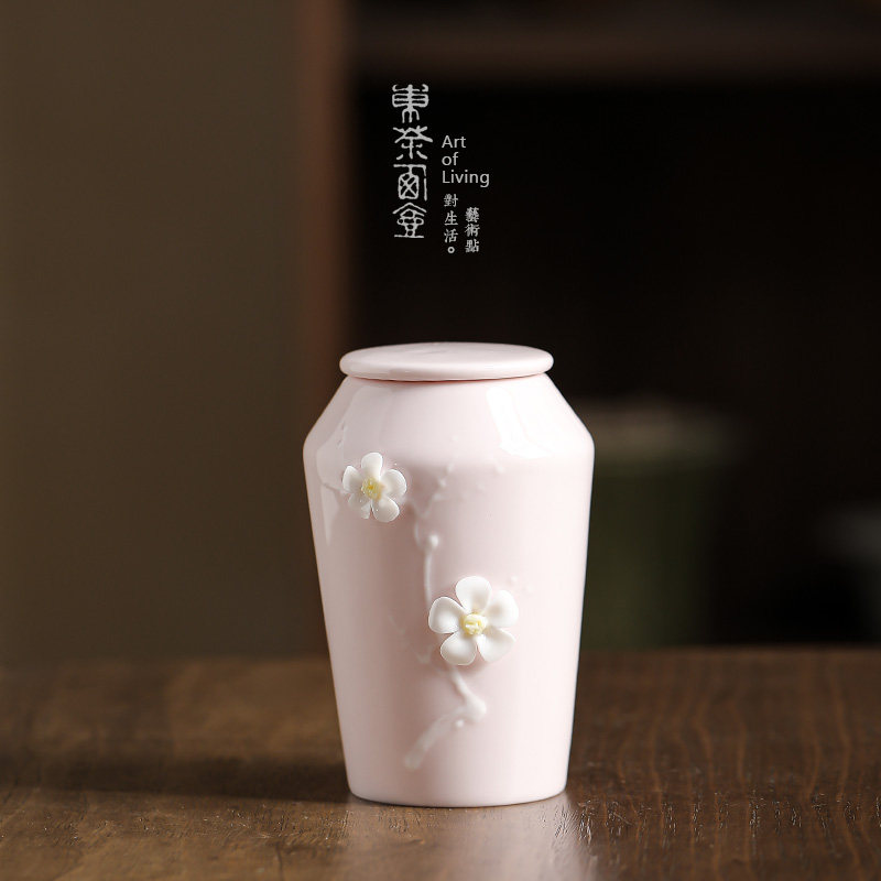 陶瓷茶叶罐小号袖珍茶罐车载旅行小高罐粉色手工粘花茶仓捏花茶缸