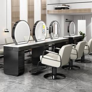 网红美发店烫染镜台发廊专用不锈钢带柜美发镜理发店带灯双面镜子