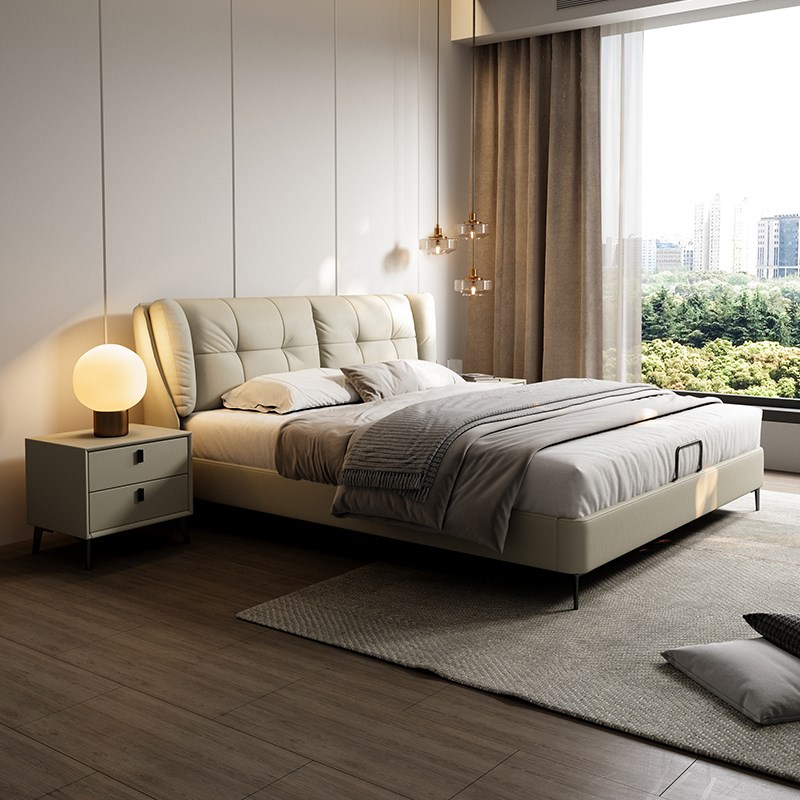 九荣家居 高端粒面级头层牛皮实木软包床2米意式现代简约大床