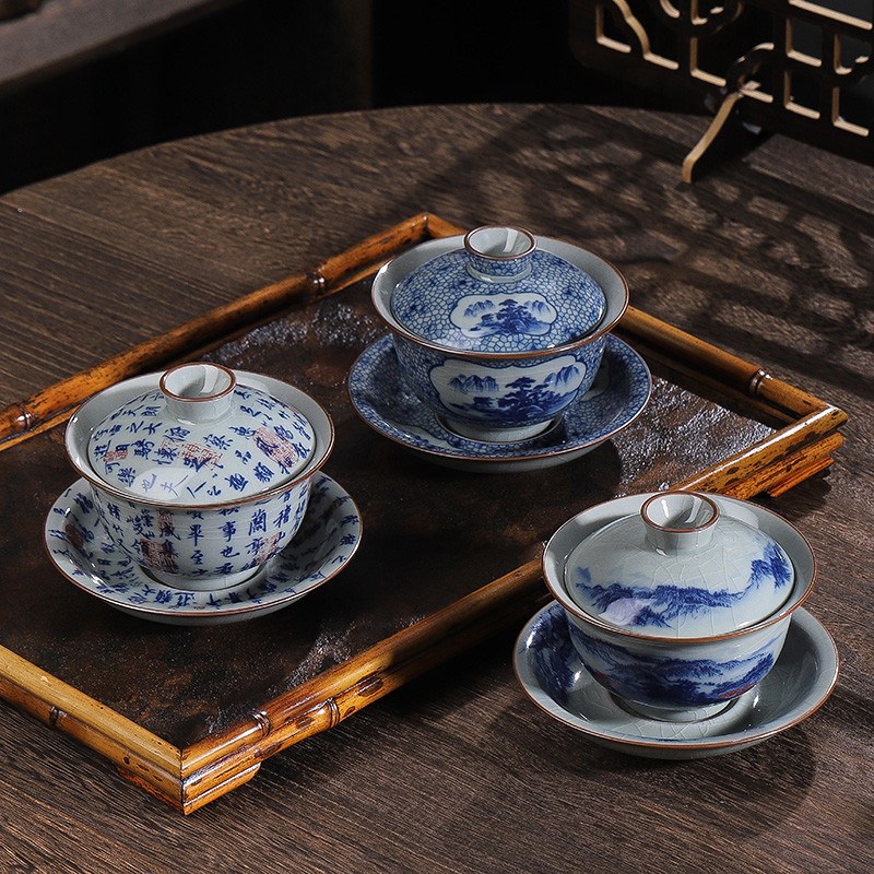 手工复古青花瓷盖碗茶杯家用功夫茶具泡茶碗大号陶瓷三才盖碗单个