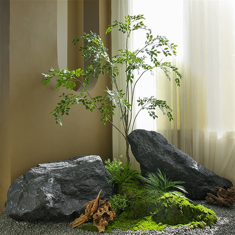 枯山水仿真造景观石假山玻璃钢大石头酒店大堂民宿软装绿植摆件