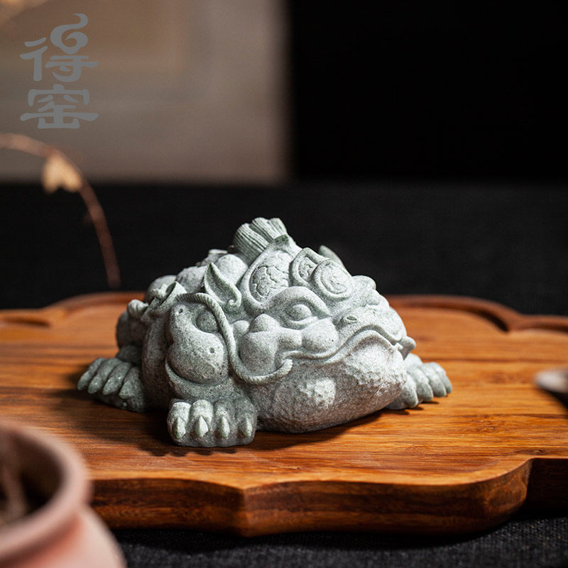 得窑 青砂石茶宠摆件精品可养金蟾招财三足蟾蜍中式茶桌茶具茶台