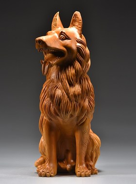 香樟木雕狼狗摆件实木十二生肖狗吉祥动物家居客厅办公装饰工艺品