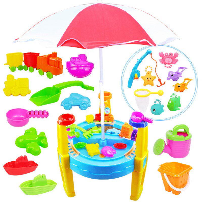 海贝星华联儿童室内外沙水桌戏水沙滩玩具带遮阳伞沙漏水风车钓鱼