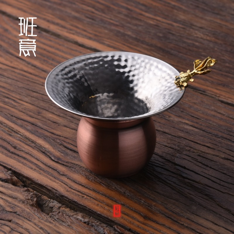 加厚不锈钢复古茶滤茶漏带托304茶具配件锤纹过滤网茶漏泡茶器