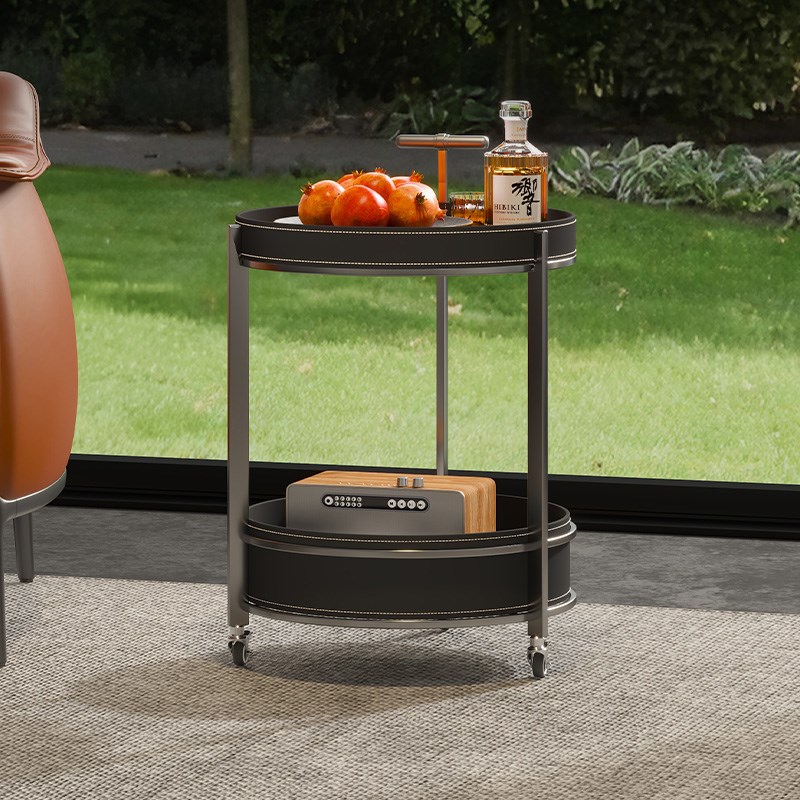 202新款客厅意式极简圆形黑色马鞍皮沙发边几小推车卧室床边角几