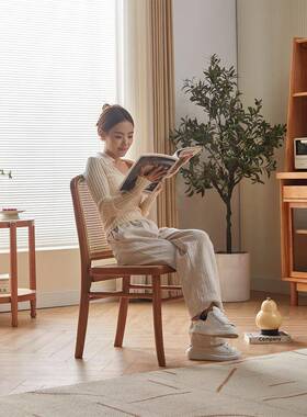 家实木餐椅日式中古酒椅店靠背休闲RLX简椅约原木藤编藤椅复古用