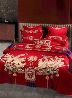 庆家纺10支棉高端长绒BUA棉龙凤红色四件套大0红陪嫁婚结婚床上用
