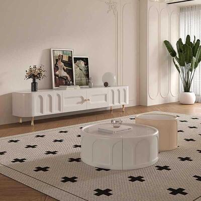 法式奶风电视柜视实木家现用代简约OSR轻奢风油大小户型茶几电柜