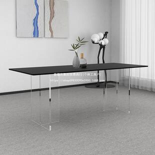 亚悬YQN浮岩板餐桌透明力桌腿餐黑克白纯色极简组合餐椅厅中岛台
