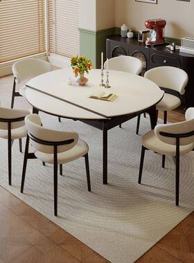 复黑色可古伸缩岩餐桌可变圆桌法式VOI实折叠两用饭板桌小户型木