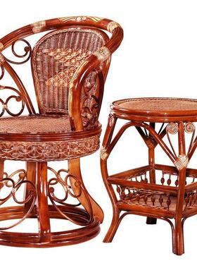 藤椅转茶几件套三家靠背用真藤编椅子单XVQ人椅阳台实木休闲桌椅