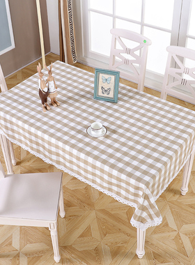 蓝色格子桌布小方格时尚蕾丝清新纯棉餐桌布长方形台布文艺茶几布