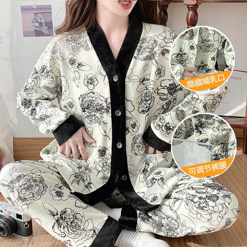 大尺码300斤春秋薄款月子服长袖开衫孕妇哺乳哺乳睡衣家居服套装