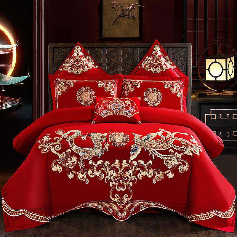 10大0支婚礼红色新中式纯套棉绣刺四件套婚房被结婚绣花QQA床上用