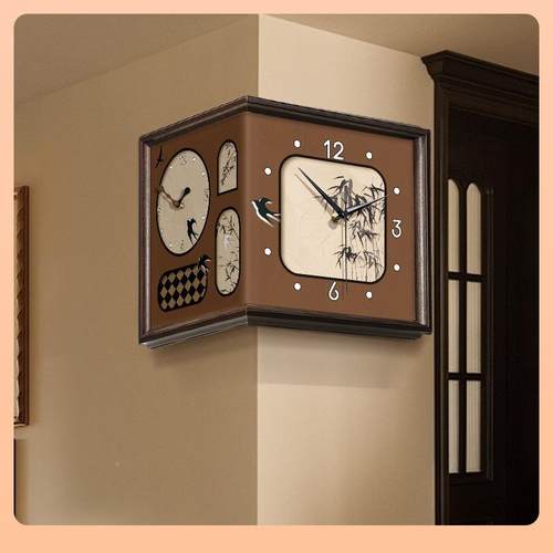 ◁2古新025款中古风转角面挂钟客厅复拐ZSV角时双钟免打孔阳角钟表