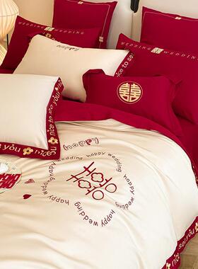 高端婚庆100支品长绒WZ100844棉件套结婚陪嫁四全棉红色单床笠款
