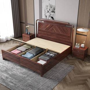 新中式乌金木实木床双人床主卧现代简约家用储物高箱婚床大床家具