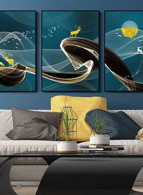 新中式奢壁ZHJC001画现画代简约挂现代轻奢轻山水发财树鹿客厅麋