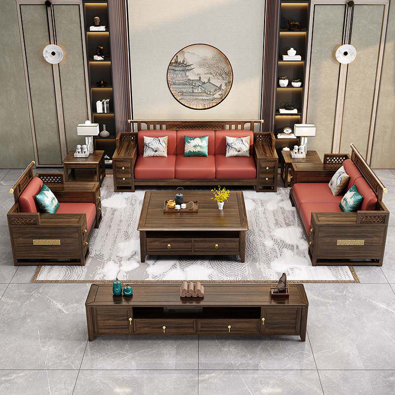 乌金木全实木沙发冬夏家用两用茶几组合别墅客厅家具新中式框架款