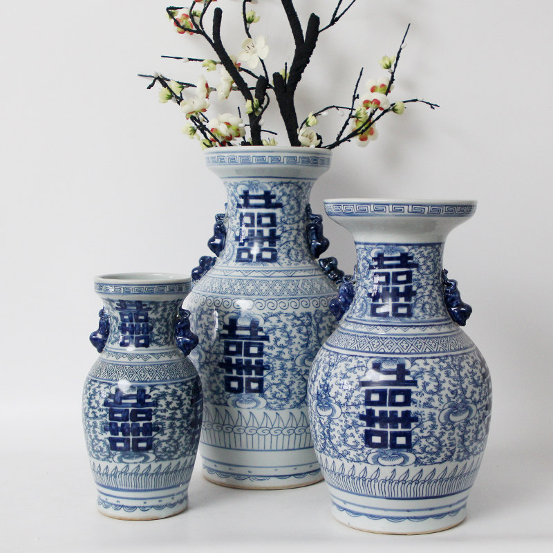 手绘喜字陶瓷花器青花瓷中式家居客厅大花瓶富贵竹插花装饰品摆件