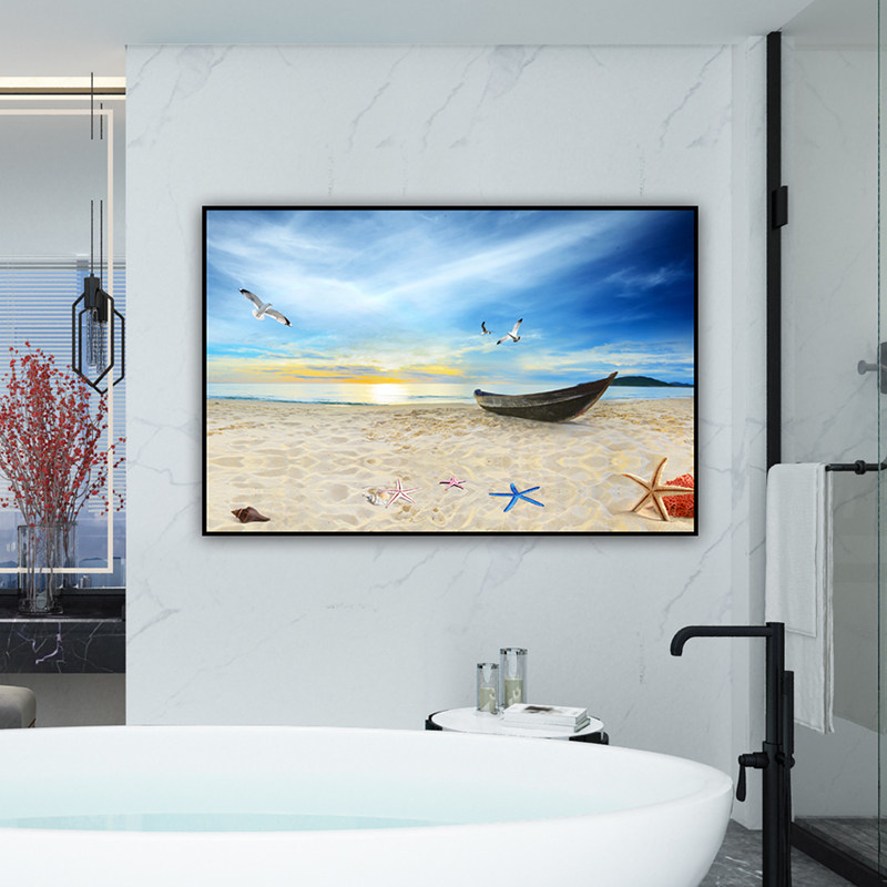 卫生间装饰画自粘沙滩地中海风格酒店浴室挂画洗手间厕所墙面壁画