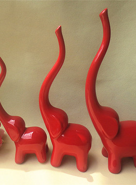 简约三连红色长鼻子小象酒柜摆件工艺品吉祥三宝大象小鹿结婚礼品