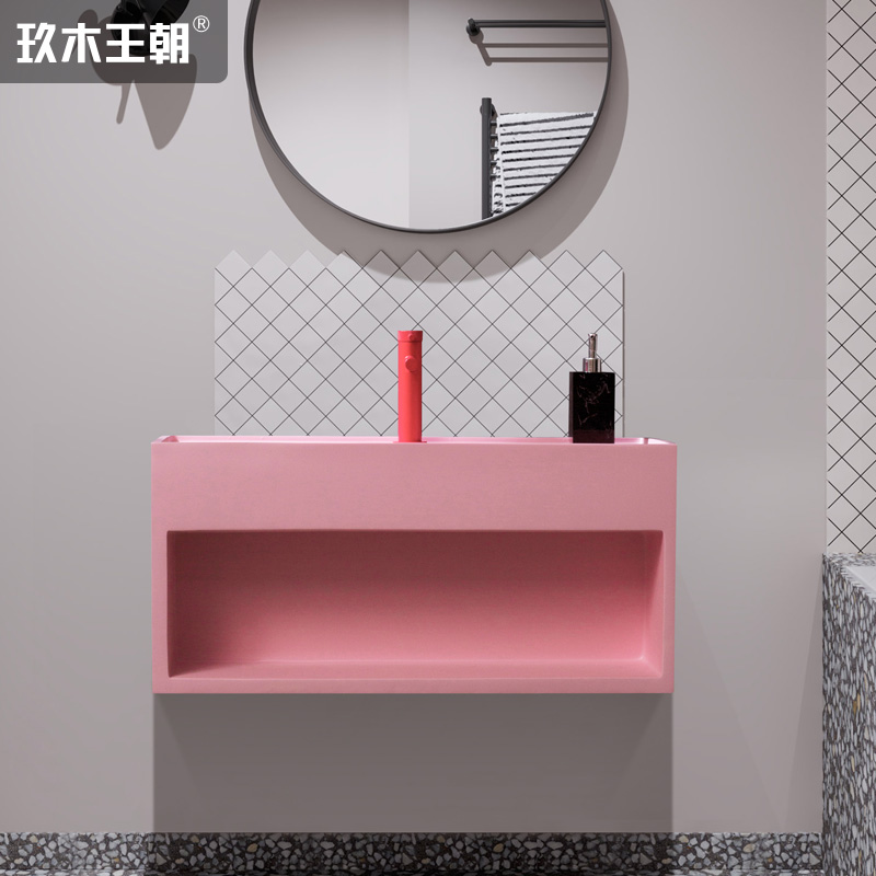 玖木王朝 人造石浴室柜一体洗手盆挂壁式浴室台盆面盆柜粉色