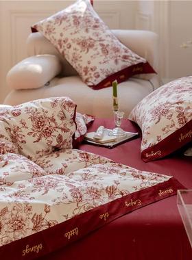 喜约红色结婚庆印花120支贡缎长绒棉纯棉四件套被陪9嫁简新婚1.8m