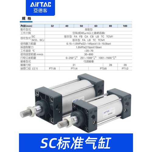 亚德客气动大推力拉杆式标准气缸SC32/40/50/63-100x25*50x75x300