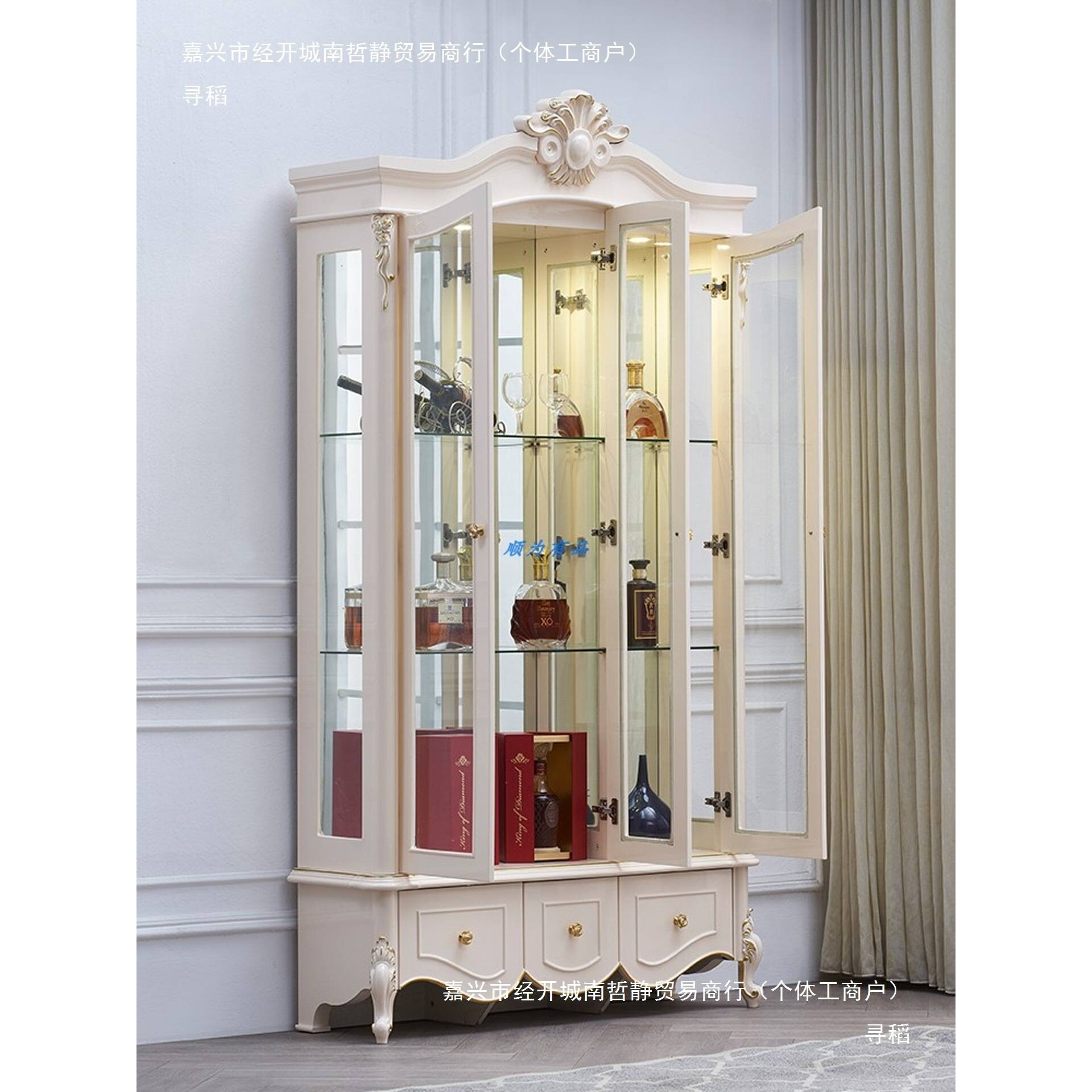 欧式酒柜靠墙客厅三门展示柜子陈列架家用白色餐边柜美式复古酒柜