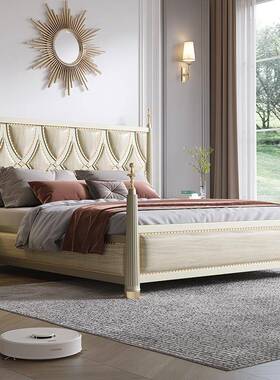 美主式PVL轻奢床复古卧人实木床现简双约代柱子婚床灰色法式高端