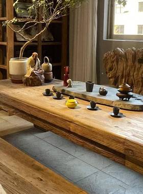 茶老榆木茶桌新中式板客厅桌椅合实组木长方形大板桌复古UIL门喝