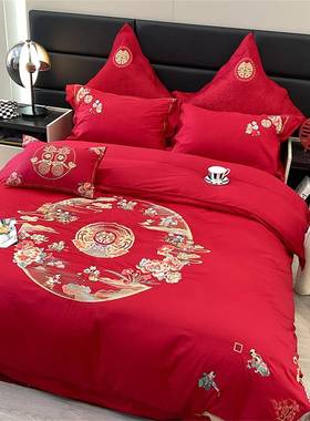 高喜绣档中式花长卉刺婚嫁结婚绒棉四件CEL套大红色床单被套被