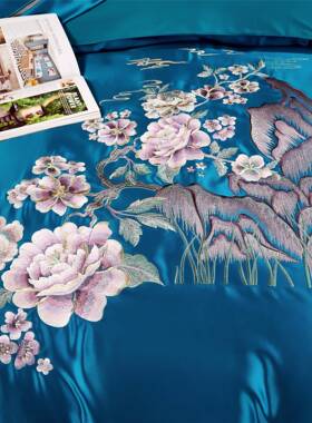1高0支真棉刺绣四件套新中式植物花卉丝滑高丝档绣VYS88260花床上