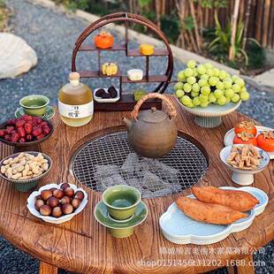 新中炉式老木围茶桌家用庭院户外烤炉实木圆榆NQD桌烧风化原木茶