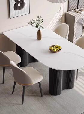奶油风高端椭餐厅形桌子家简约吃SMP饭桌子纯白色岩用板圆餐桌椅