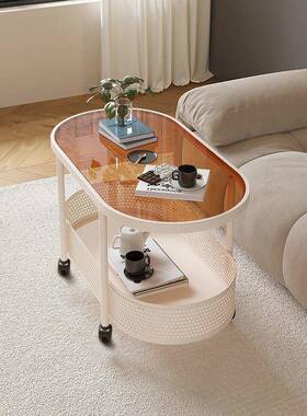 奶油风移动茶几小户头型客家用沙厅发边几桌XOV带轮床玻璃小可推