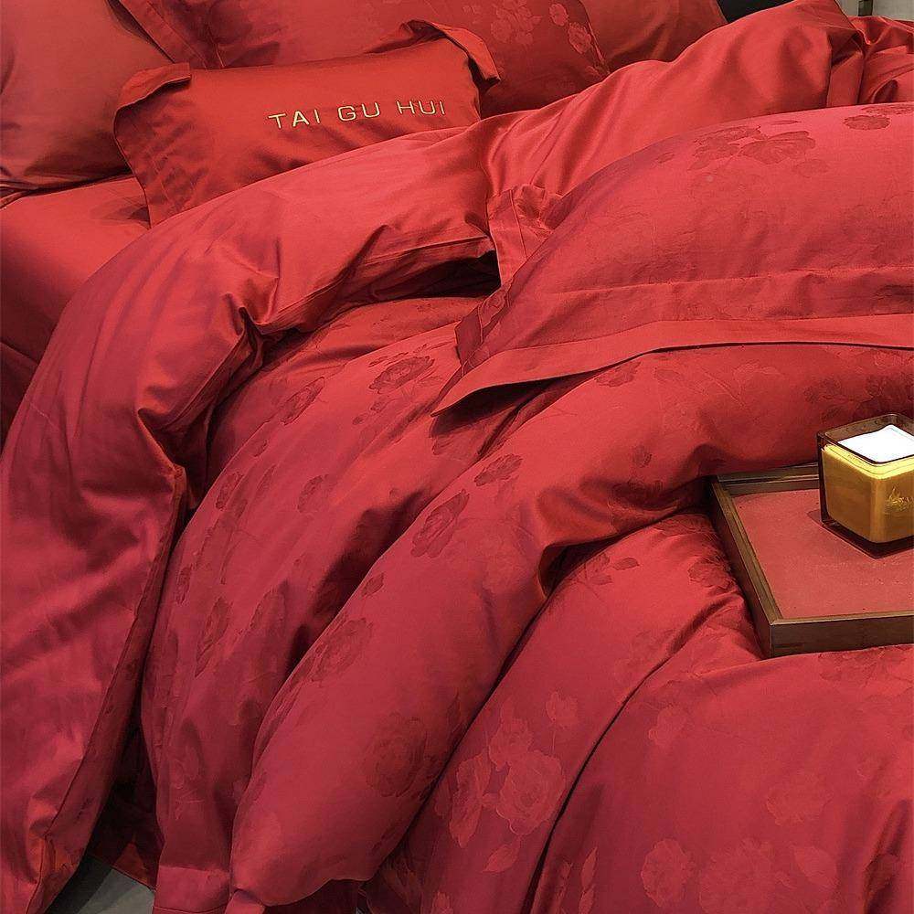 新式全棉中长绒结婚床上四件套纯棉色新红婚庆提花被套婚嫁VLT棉