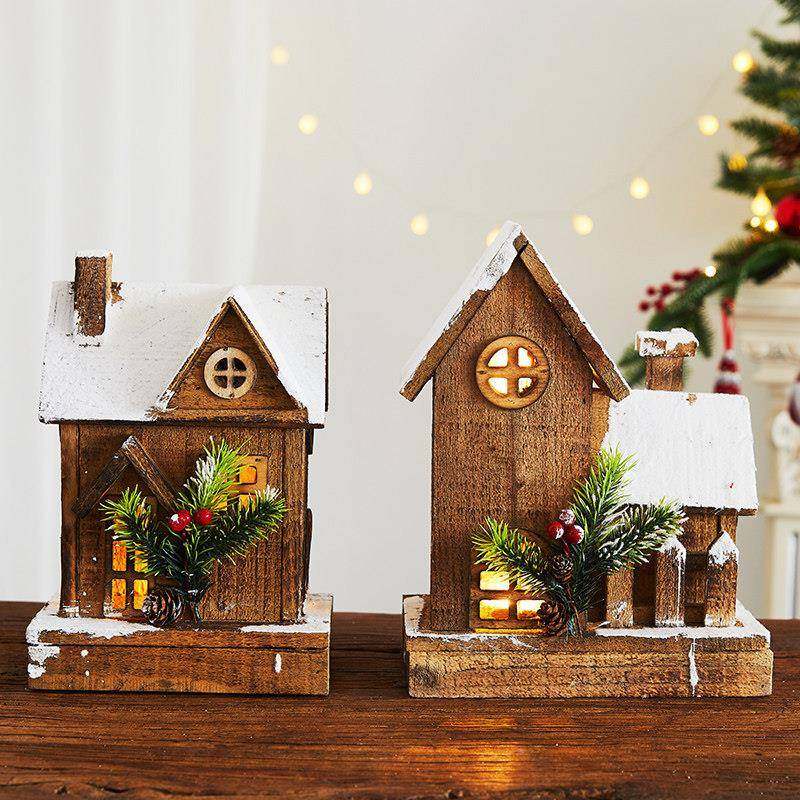 雪圣诞桌节装饰品发DFH光小木屋房台子圣诞树面柜摆件场景布置