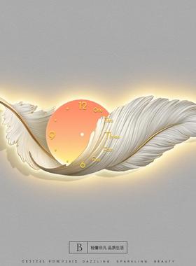 现代D轻yx002羽毛客厅装饰画钟表LE灯床头玄关精雕奢装饰壁画画