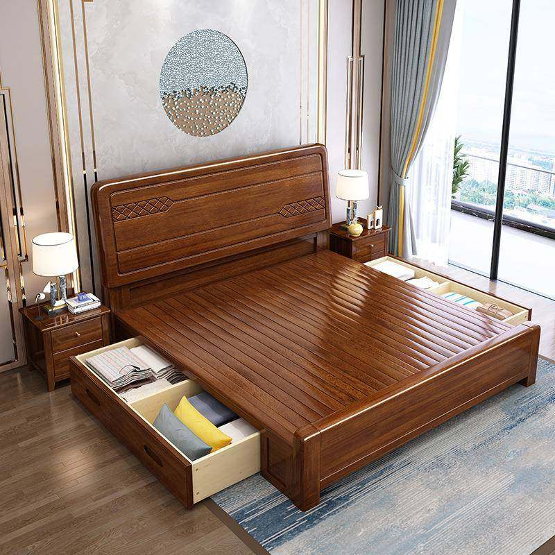 储新用中式实木胡桃木床现简约主卧双人床1.8m高箱GNI物经济家代