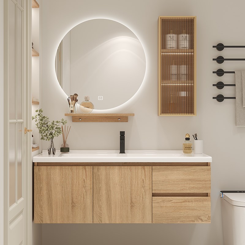 40宽小户型浴室柜组合原木色陶瓷一体洗脸盆柜洗漱台卫生间洗手盆